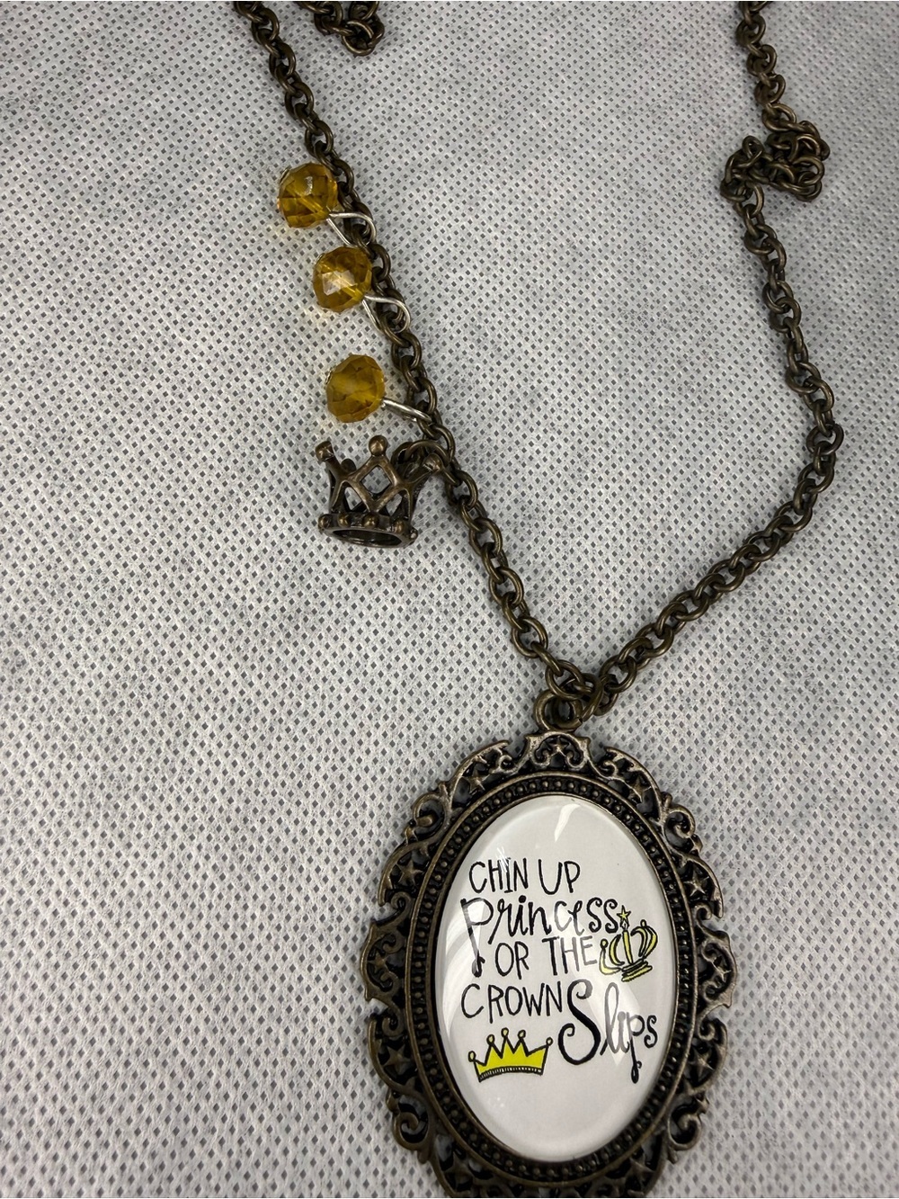 Plunder Chin Up Princess Crown Slips Necklace 32” Bronze Tone Pendant - Picture 3 of 5